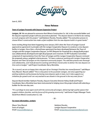 Town of Lanigan Proceeds with Daycare Expansion Project