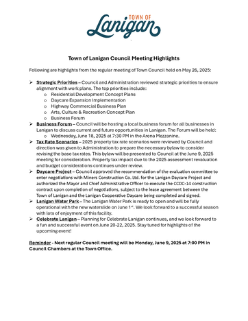 May 26th 2025 Council Meeting Highlights