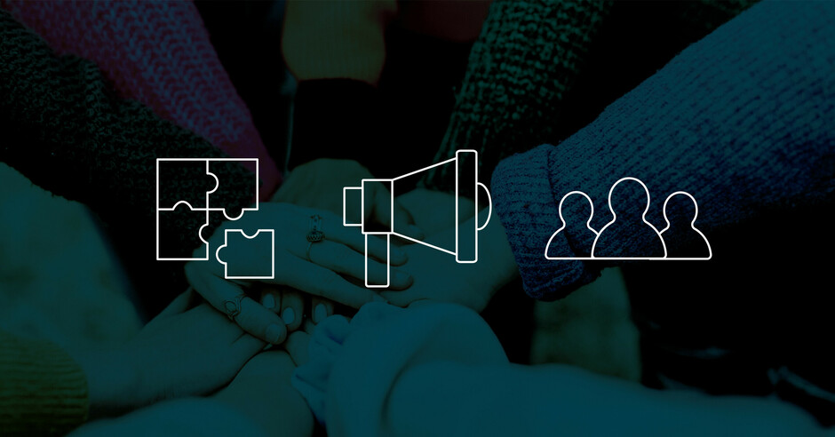 Graphics of puzzle pieces, megaphone, and group of people.