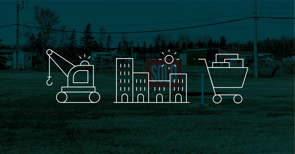Graphics of a crane, buildings, and a shopping cart.