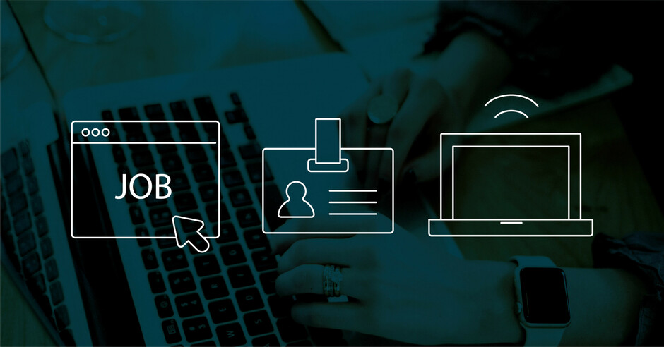 Graphics of job posting, employee ID, and computer.