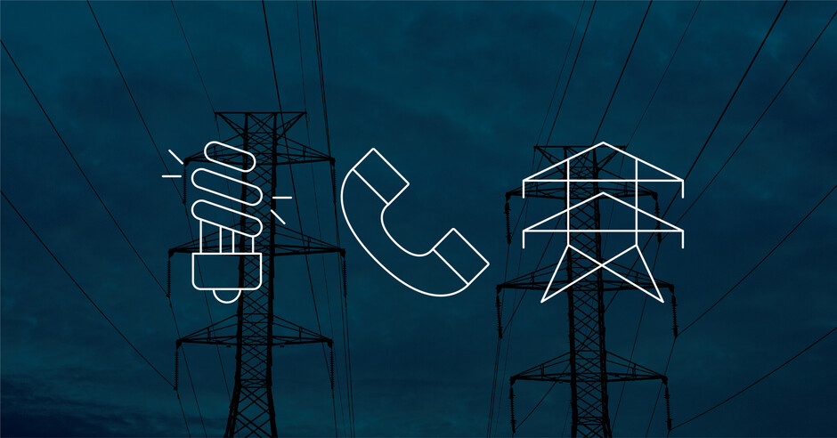 Graphics of light bulb, phone and telephone line.