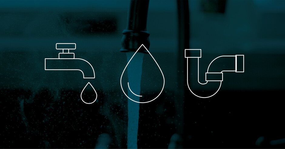 Graphics of water, a tap, and a pipe.